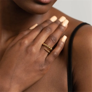 Elegant 14K gold plated beaded open ring with minimalist double layer spiral design