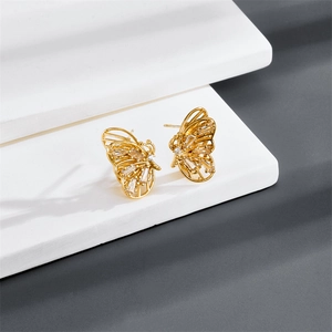 14K Gold Plated Brass Butterfly Stud Earrings For Women Exquisite Zircon Hollow Design Elegant Fashion Jewelry Gift