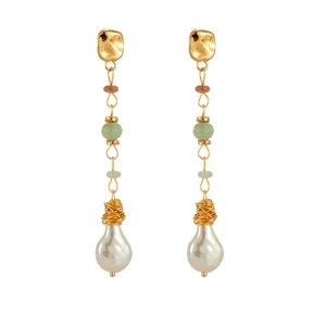 Detail of 14k gold-plated drop earrings featuring turquoise beads and baroque pearls