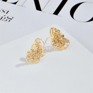 Elegant 14k gold-plated brass butterfly earrings with hollow design and zircon stones