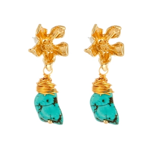 Detail of 14k gold-plated floral earrings with boho turquoise stones and wire-wrapped design