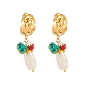 Bohemian 14k gold plated earrings featuring natural turquoise and baroque pearl drops