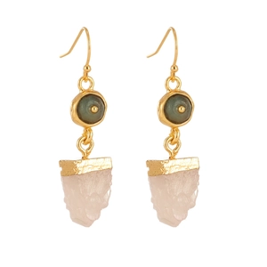 Detail of 14k gold-plated earrings with round green stone and raw pink quartz crystal