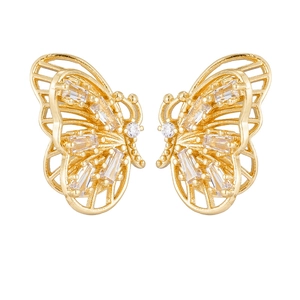 Chic 14k gold plated brass butterfly earrings with hollow design and white zircon stones