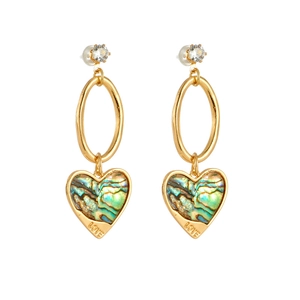 Detail of 14k gold heart earrings with natural shell inlay and LOVE engraving