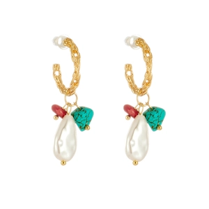 Detailed shot of 14k gold-plated twisted earrings with turquoise and baroque pearl