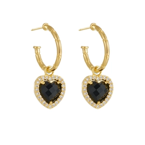 Elegant gold earrings featuring black heart zircon pendants with sparkling diamond accents