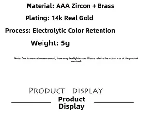 Specifications for rectangular zircon earrings with 14k gold plating and 5g weight info