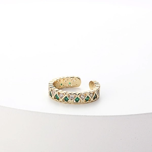 Bague réglable en argent S925 plaqué or avec zircons verts en forme de cœur