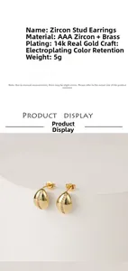 Macro detail of 14k gold plated water drop earrings with inlaid AAA zirconias
