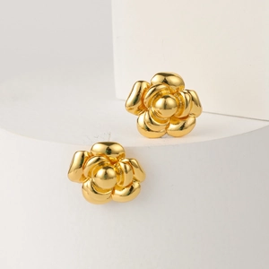 Classic gold camellia flower stud earrings with elegant multi-layer petal 3D design