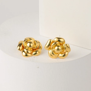 Classic vintage gold camellia flower stud earrings with elegant 3D metallic petals