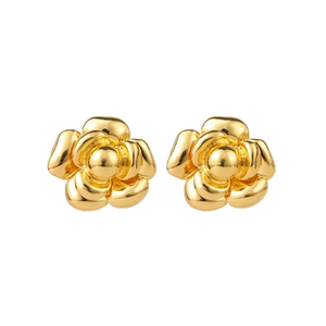 Elegant gold camellia stud earrings with a vintage French flower design and polished finish