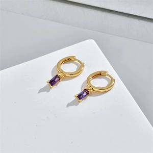 Minimalist gold plated hoop earrings with rectangular purple zircon stone on white stage