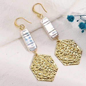 Vintage baroque earrings with geometric hexagon metal plates and freshwater pearls