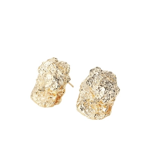 Modern irregular gold-plated brass stud earrings with textured crumpled metal design