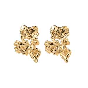 Irregular gold pleated metal earrings with organic lava texture and polished finish