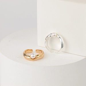 Unregelmäßige Welle Künstliche Perle Offener Ring 14K Vergoldet Versilbert Kupfer Minimalistische Textur Verstellbarer Ring Damen
