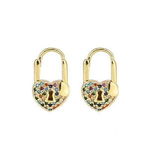 Creative heart lock earrings with multi-colored pavé zircons and gold plated finish