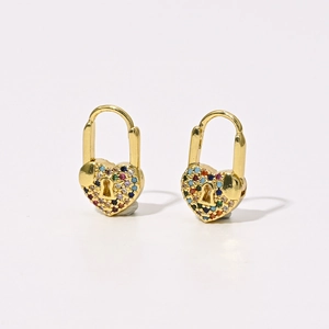 Close-up of heart lock earrings with colorful crystals and golden lever back closure