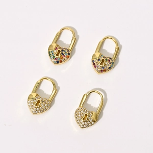 Golden heart lock earrings with zircon inlay and creative hollow lock design