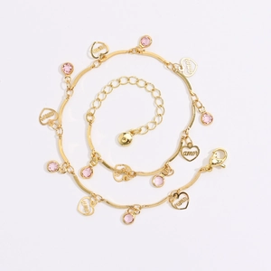 14k vergoldetes Herz-Fußkettchen mit rosa Zirkonia und hohlem Amor-Schriftzug