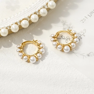 French vintage 14k gold plated hoop earrings with elegant freshwater pearls for women
