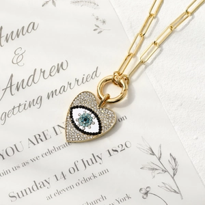 Brass Paperclip Chain Necklace Heart Evil Eye Pendant 14K Gold Plated AAA Zircon Rhinestone Fashion Jewelry For Women Gift