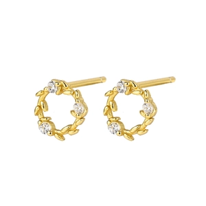 Élégantes Boucles d'Oreilles Clous Couronne de Fleurs Avec Tige en Argent Sterling 925 Zircone Incrusté Laiton Plaqué Or 14K Bijoux Femme