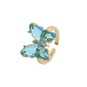 Adjustable gold plated butterfly open ring with light blue crystals and zircon stones