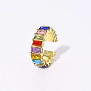 Vintage vergoldete C-förmige Ohrmanschette mit geometrischen Regenbogen-Zirkonia