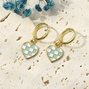 Checkered heart hoop earrings in mint green and white enamel with gold finish