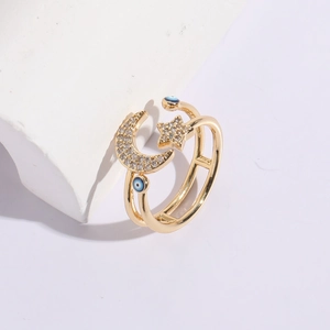 Boho Brass 14K Gold Plated Star Moon Evil Eye Opening Ring Cubic Zirconia Adjustable Geometric Ring For Women Jewelry