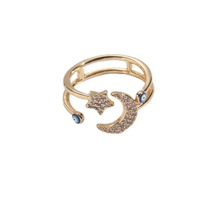 Bohemian gold-plated adjustable ring featuring star moon zircon and evil eye motifs