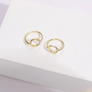 Detail of 14k gold plated brass ring with hollow circle and micro-pave zircons