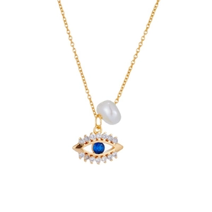 14k gold plated brass necklace with evil eye pendant and white baroque pearl charm