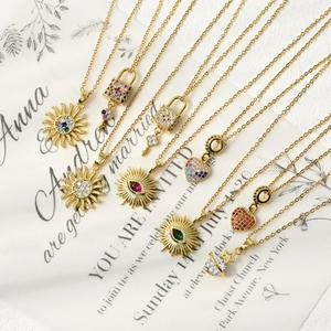 14K Gold Plated Copper Rhinestone Pendant Necklace Vintage Heart Sun Evil Eye Lock Clavicle Chain Jewelry For Women