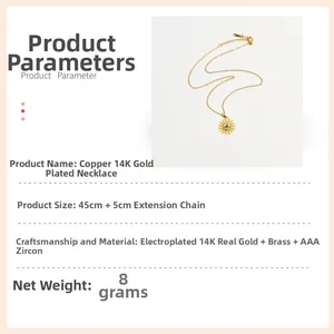 Detailed specs of 14k gold plated brass sun necklace with AAA zircon and 45cm chain