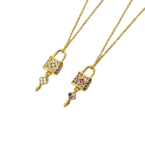 14k gold plated heart lock and key pendant necklaces with colorful zircon stones