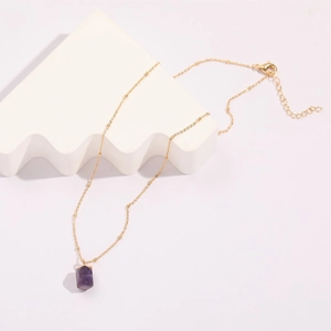 Minimalist 14k gold plated necklace with hexagonal purple amethyst crystal pendant