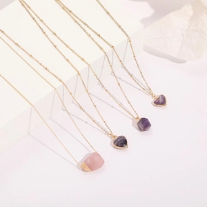 Women 14K Gold Plated Copper Natural Stone Necklace Minimalist Heart Hexagon Quartz Raw Mineral Pendant Clavicle Chain Jewelry