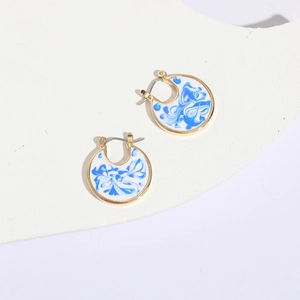 Blue and white porcelain enamel hoop earrings with 14k gold plated copper finish