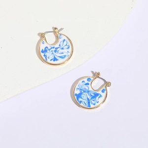 Vintage Blue And White Porcelain Style Drip Oil Earrings Copper 14K Gold Plated Round Hoop Earrings For Women Fashion Jewelry