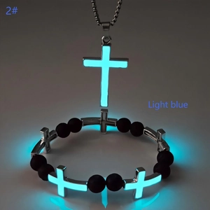 Luminous light blue cross pendant necklace and beaded bracelet jewelry set for women and men