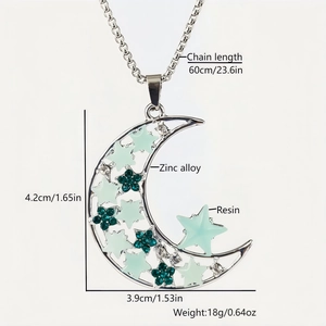 Luminous crescent moon and star pendant necklace in silver finish with size dimensions