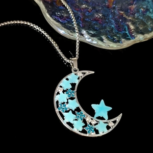 Luminous silver crescent moon necklace with blue stars pendant for couples' gift