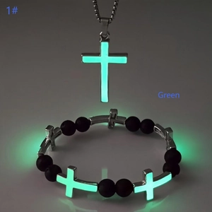 Glow-in-the-dark green luminous cross pendant necklace and beaded bracelet jewelry set