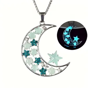 Luminous crescent moon necklace with stars showing light blue night glow effect detail
