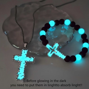 Collier Croix Lumineuse Et Bracelet Pierre De Lave Bijoux Religieux Brille Dans Le Noir Alliage Unisexe