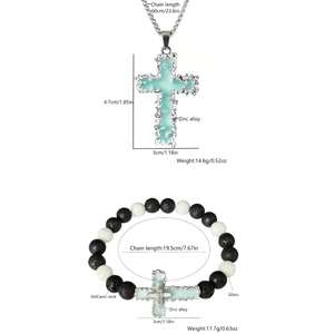Ensemble collier et bracelet croix lumineuse avec pierre de lave et perles en verre